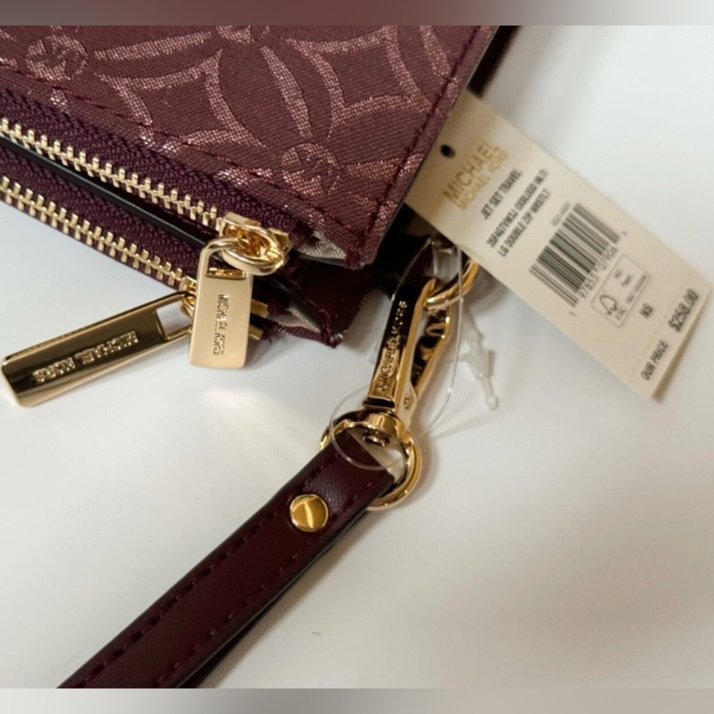 Michael Kors Jet Set Travel LG Double Zip Wallet Graphic Logo MK Oxblood Multi - Picture 3 of 8